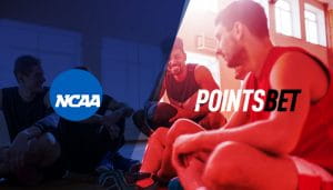 NCAA and Pointsbet Logos Over a Team of Resting Basketball Players