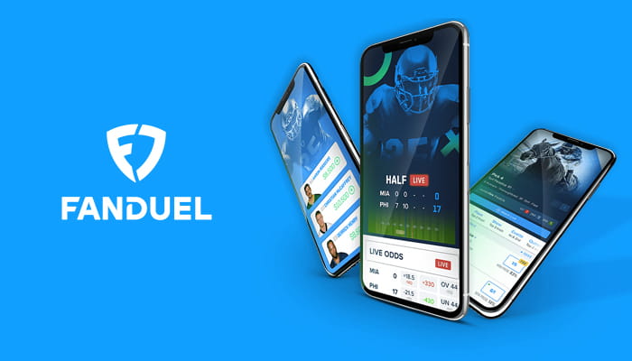 FanDuel Logo Next to Three Mobile Phones with Open Sports Apps